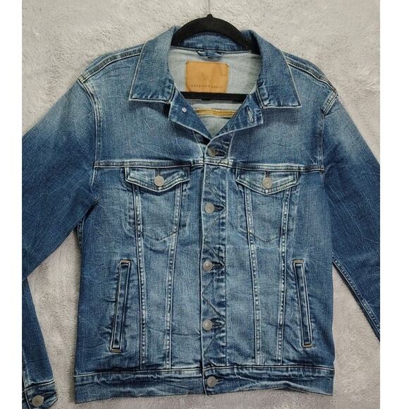 American Eagle Outfitters Mens Trucker Jacket Dark Blue Wash Denim Size Small - Picture 6 of 11